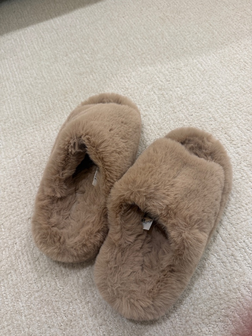 Anthropologie Plush Faux-Fur Slip-On Slippers in Taupe